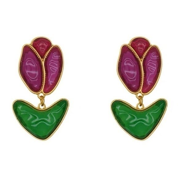 - - 18K GP Vintage Tulip 🌷 Dangle Earrings - Picture 5 of 11
